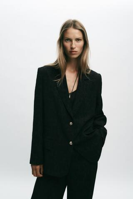 ZARA ЖАККАРДОВЫЙ БЛЕЙЗЕР С ПОДПЛЕЧНИКАМИ, ЧЕРНЫЙ