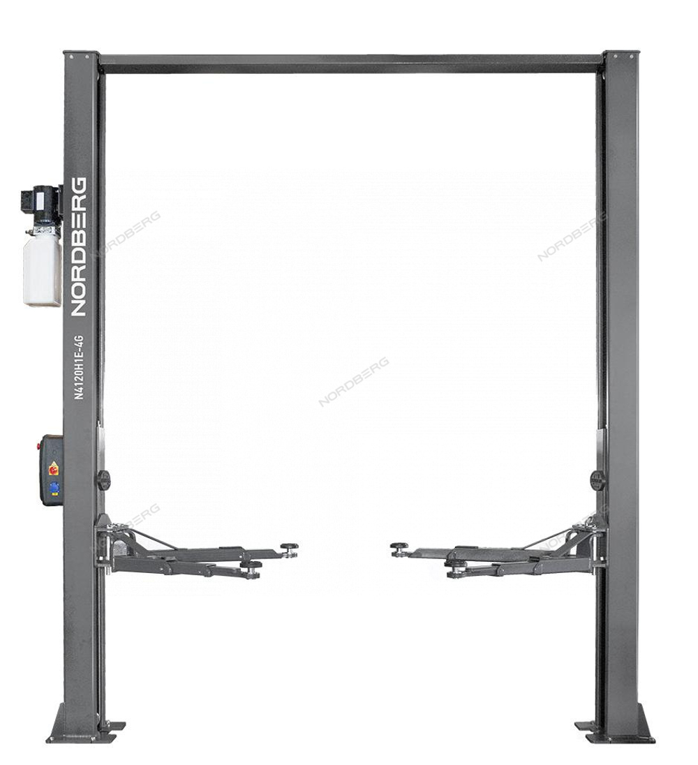 Подъемник двухстоечный 4 т, верхняя синхронизация, с электростопорами, H=4 м, 380 В, серый NORDBERG