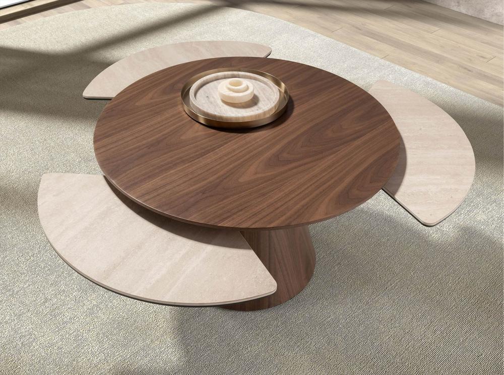 Раздвижной столик 2168 из керамики в мраморной отделке и ореха