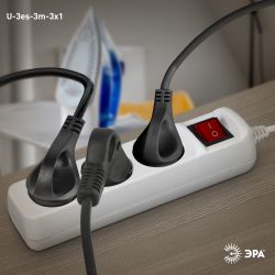 Удлинитель электрический ЭРА U-3es-3m-3x1 с заземлением с выключателем 3 розетки 3м ПВС 3x1мм2 16А | Бытовые удлинители