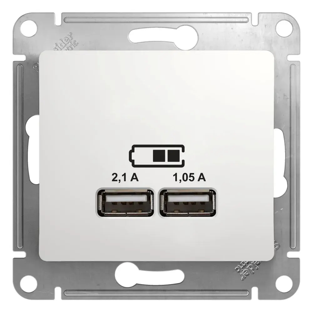 GLOSSA USB РОЗЕТКА A+A, 5В/2,1А, 2х5В/1,05А, механизм, БЕЛЫЙ