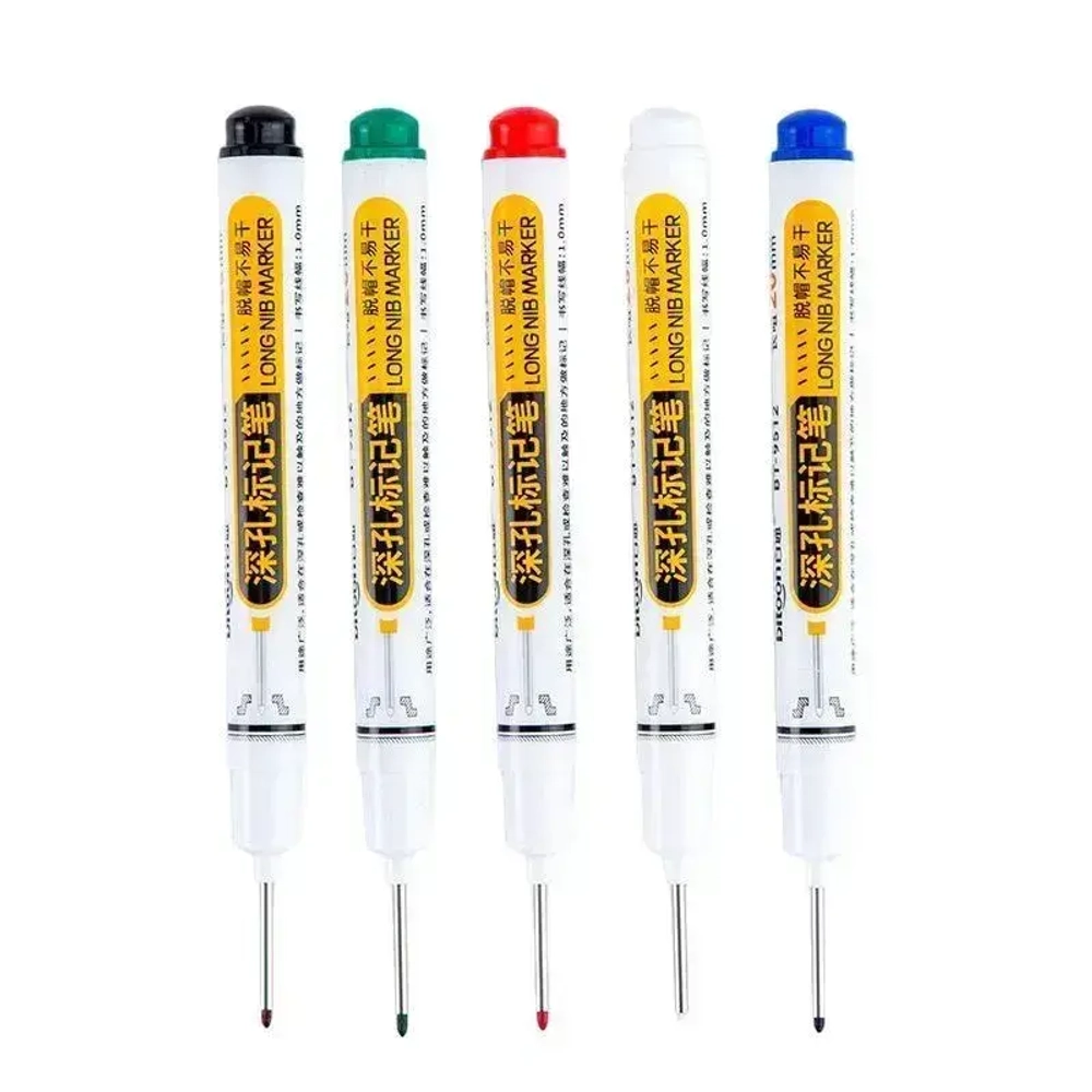 Маркер строительный тонкий разметочный с длинным наконечником, многоразовый / 5 шт (черный, красный, зеленый, синий, белый) / Маркеры строительные набор по металлу, дереву и стеклу