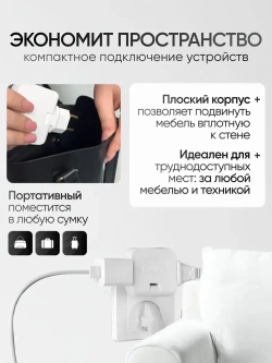 Тройник для розетки плоский с USB и Type-C, поворотный на 180 градусов, разветвитель электрический