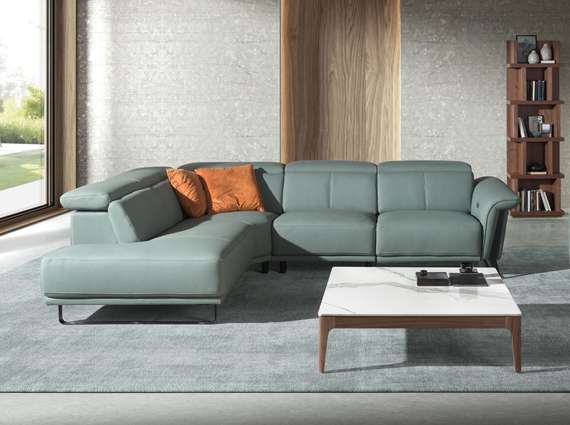 Угловой диван- реклайнер с левым шезлонгом 6251 из бирюзовой кожи