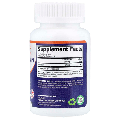 Vitamatic, высокая доза мелатонина, со вкусом натуральных ягод, 60 мг, 60 быстрорастворимых таблеток