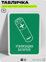 Табличка для сортировки отходов "Утилизация батареек", для контейнеров, пунктов раздельного сбора, организаций и дворовых территорий, информационная, 40х30 см, Silver Plane x Айдентика Технолоджи