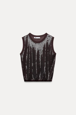 ZARA ТРИКОТАЖНЫЙ ТОП С ПАЙЕТКАМИ БЕЗ РУКАВОВ, ШОКОЛАДНЫЙ