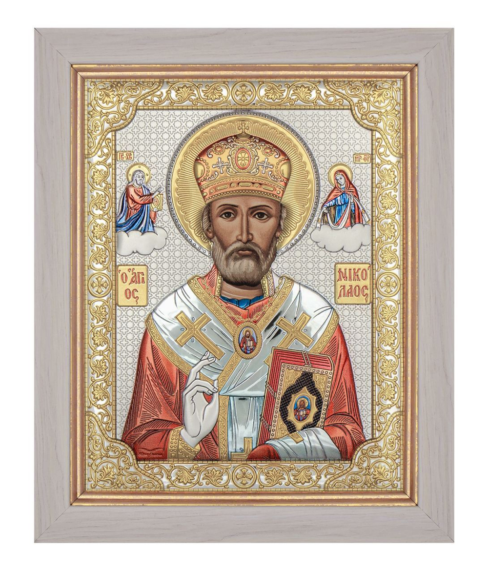 Николай Чудотворец, икона прямоугольная в рамке под стеклом, белое дерево, эмаль 170х210