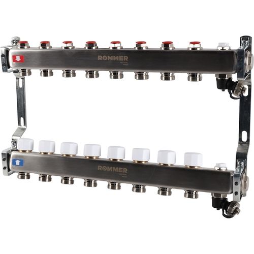 Коллектор Rommer 1"x3/4" на 8 контуров с запорными клапанами (нерж. сталь) RMS-3201-000008