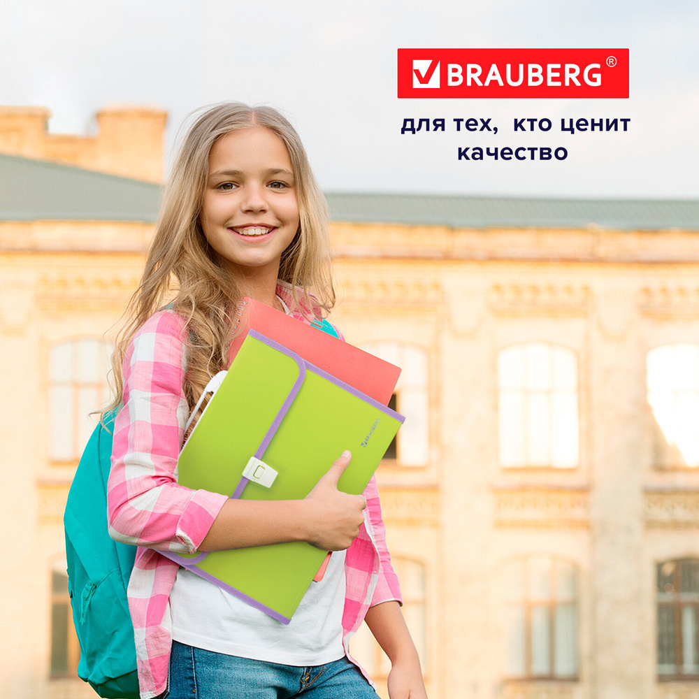 Папка-портфель пластиковая BRAUBERG "JOY" А4 (330х245х35 мм) 13 отделений с окантовкой салатовая (2 штуки в упаковке)