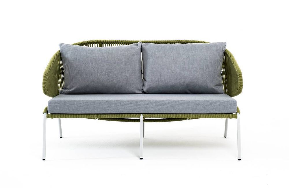"Милан" диван 2-местный плетеный из роупа, каркас алюминий светло-серый (RAL7035) муар, роуп салатовый меланж круглый, ткань светло-серая
