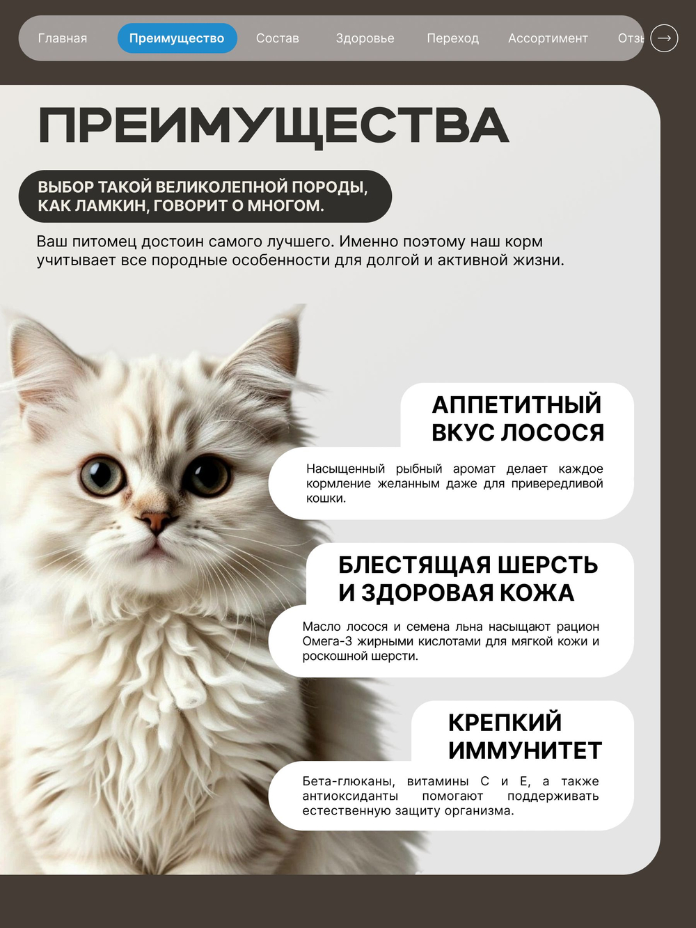 Корм сухой для взрослых кошек породы Ламкин, с лососем, 5 кг, QUATTRO
