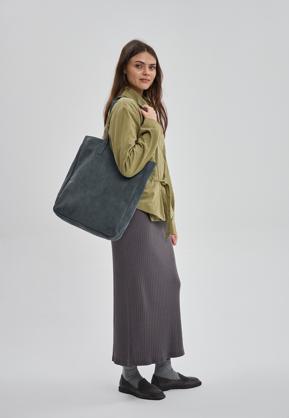 сумка шоппер серо-синий замша