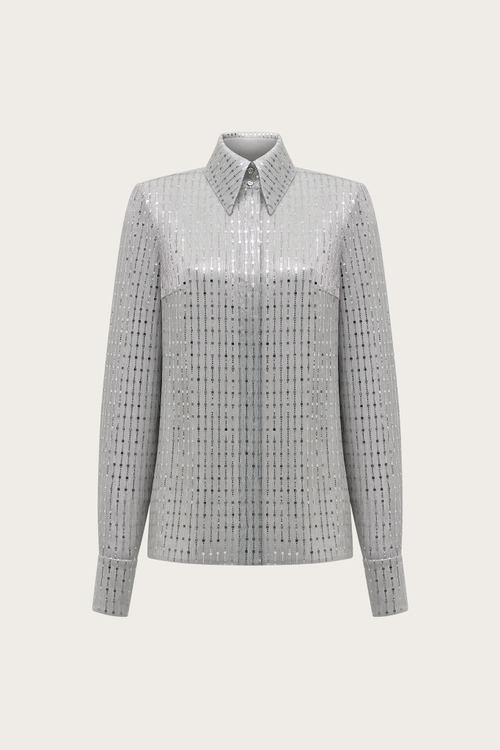 БЛУЗА ИЗ СЕРОГО ШЕЛКА С ЛЮРЕКСНОЙ НИТЬЮ