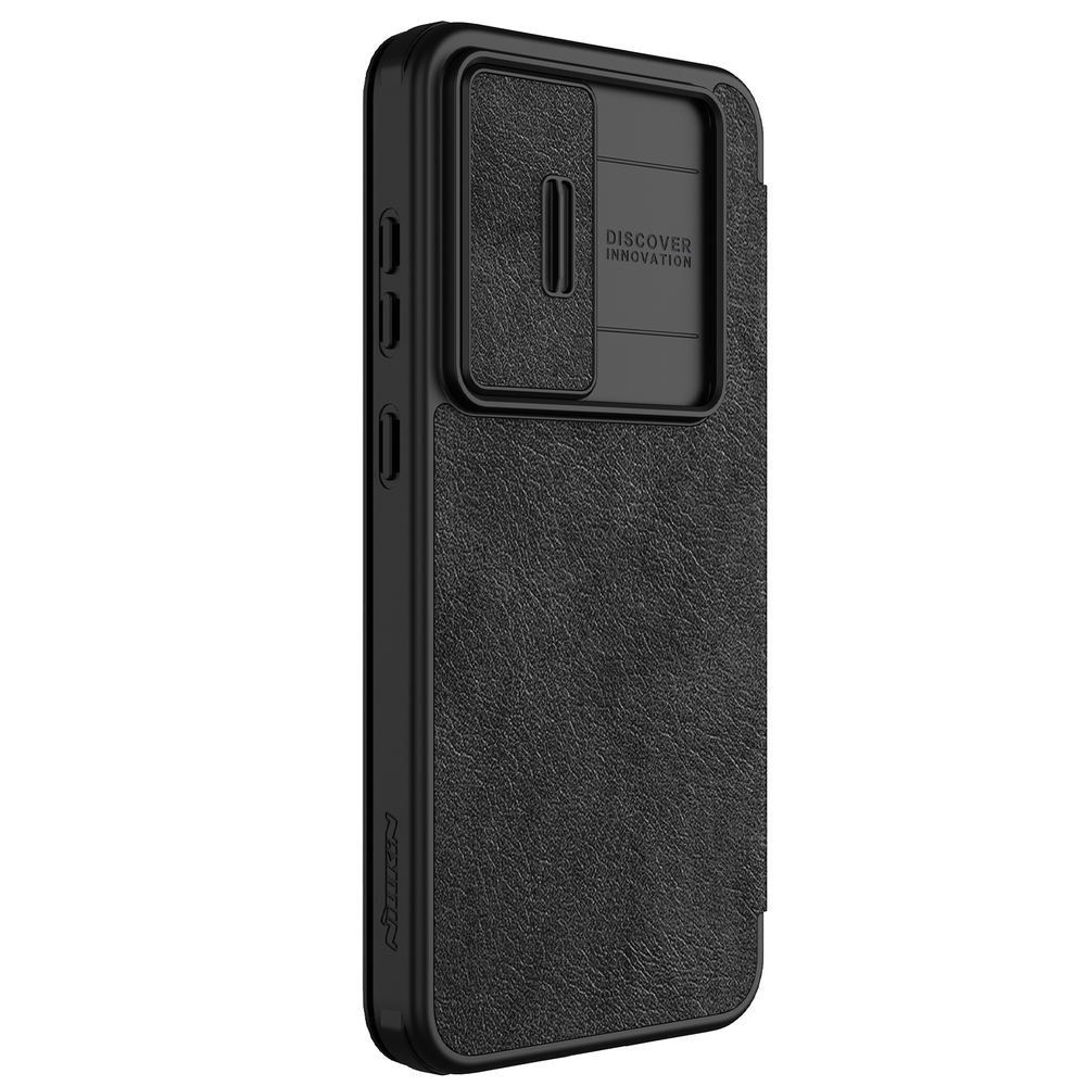 Кожаный чехол книжка черного цвета от Nillkin для Samsung Galaxy S24 FE, серия Qin Pro Leather с защитной шторкой для камеры