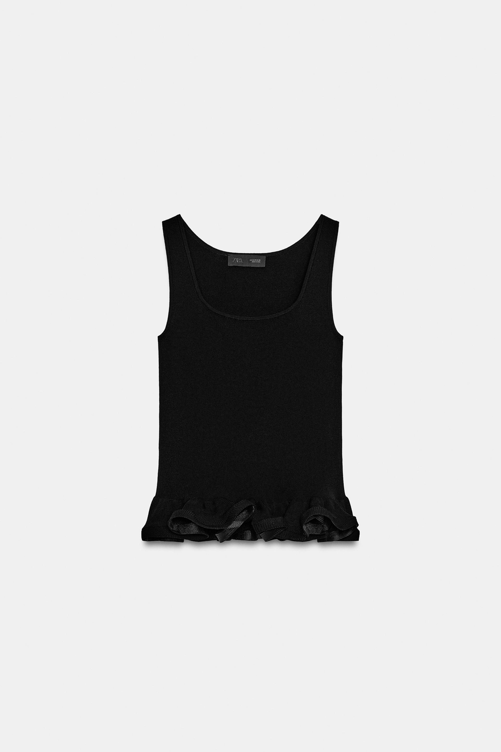 ZARA ТРИКОТАЖНЫЙ ТОП С ВОЛНИСТЫМ КРАЕМ, ЧЕРНЫЙ