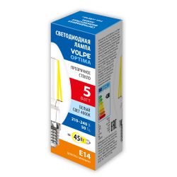LED-C35-5W-4000K-E14-CL-SLF Лампа светодиодная. Форма свеча. прозрачная. Белый свет 4000K. ТМ Volpe