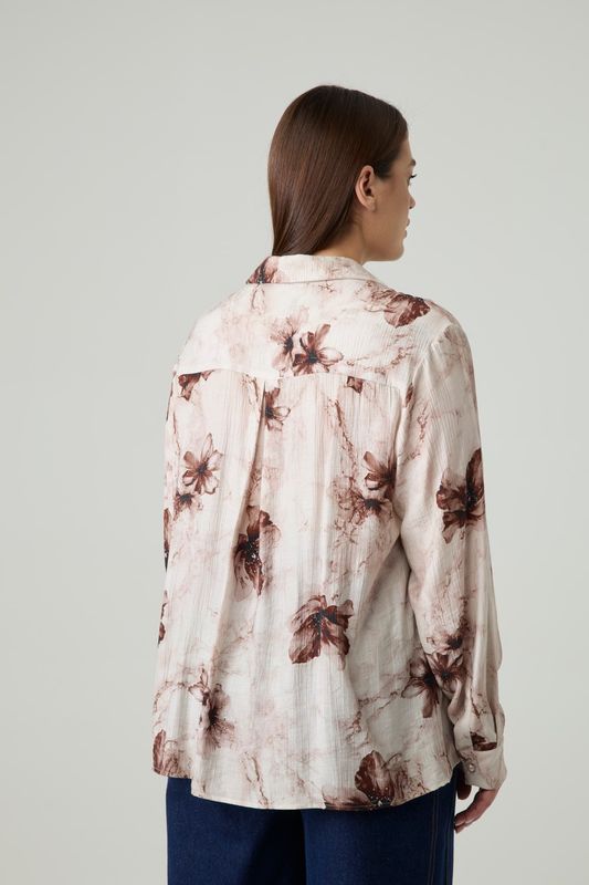 Блузка с отложным воротником, цветочный принт бежевый