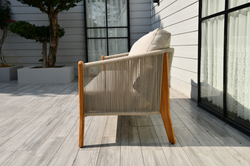 "Сидней" диван 3-местный плетеный из роупа, основание тик, каркас алюминий бежевый, роуп бежевый, ткань бежевая