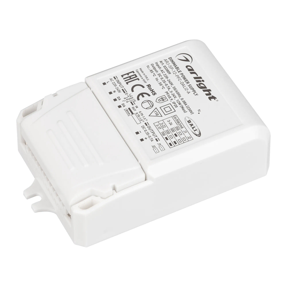 Блок питания ARJ-SP-12-PFC-DALI2-A (12W, 3-24V, 0.35-0.7A) (Arlight, IP20 Пластик, 5 лет) 033809