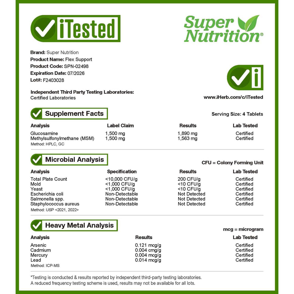 Super Nutrition, Flex Support, добавка для поддержки гибкости, с глюкозамина гидрохлоридом, метилсульфонилметаном, гиалуроновой кислотой, куркумой и босвеллией, 90 таблеток