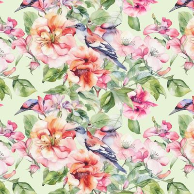 Акварельный принт с цветами и птицами