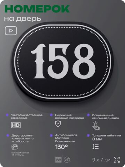 Номерок на дверь квартиры 158, для кабинета, офиса, шильдик 9 х 7 см, черный, Айдентика Технолоджи