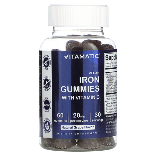 Vitamatic, веганские жевательные таблетки с железом с витамином C, со вкусом натурального винограда, 60 жевательных таблеток