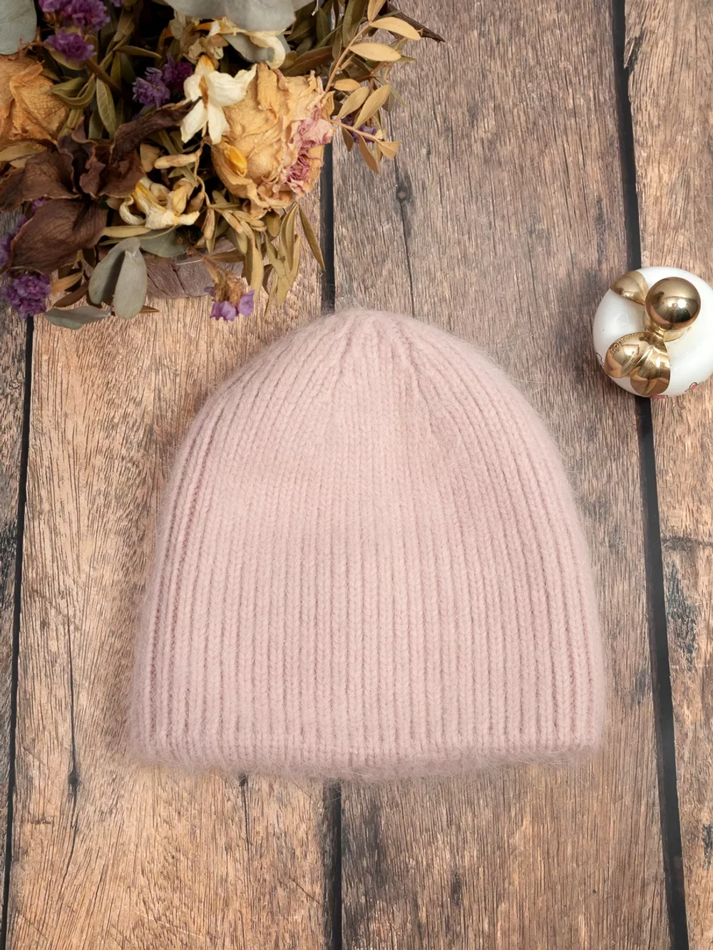 шапка вязаная бини ангора теплая демисезонная с отворотом