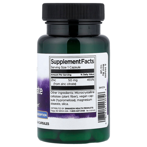 Swanson Vitamins, Цитрат цинка, 50 мг, 60 капсул