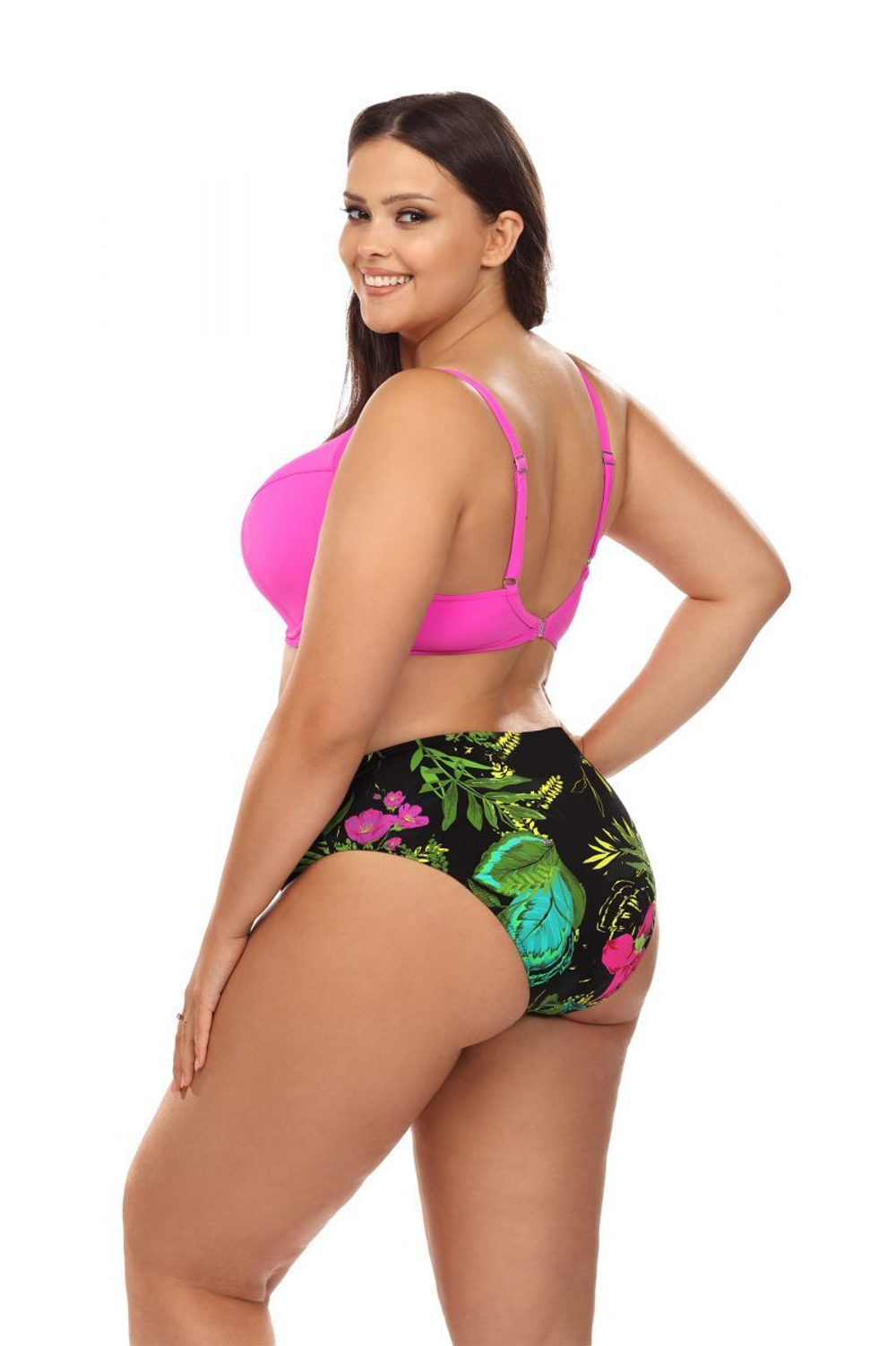 Яркий раздельный купальник plus size с принтом на трусиках (Размер: 80E/40) (Цвет: ярко-розовый)