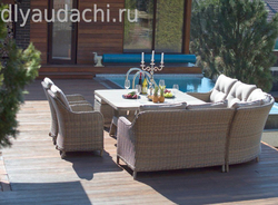 Угловой комплект дачной мебели из искусственного ротанга СОРРЕНТО обеденная группа ( подушки темно-серые)