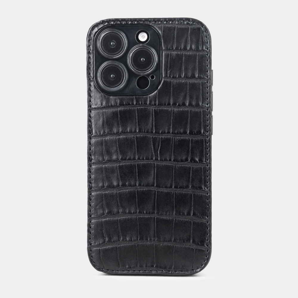 Чехол-накладка кожаная для iPhone 16 Pro, аллигатор черного цвета