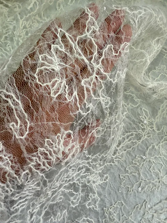 Гипюр кружевной с вышивкой "веревочка" и пайетками, арт.30, Китай, шампань