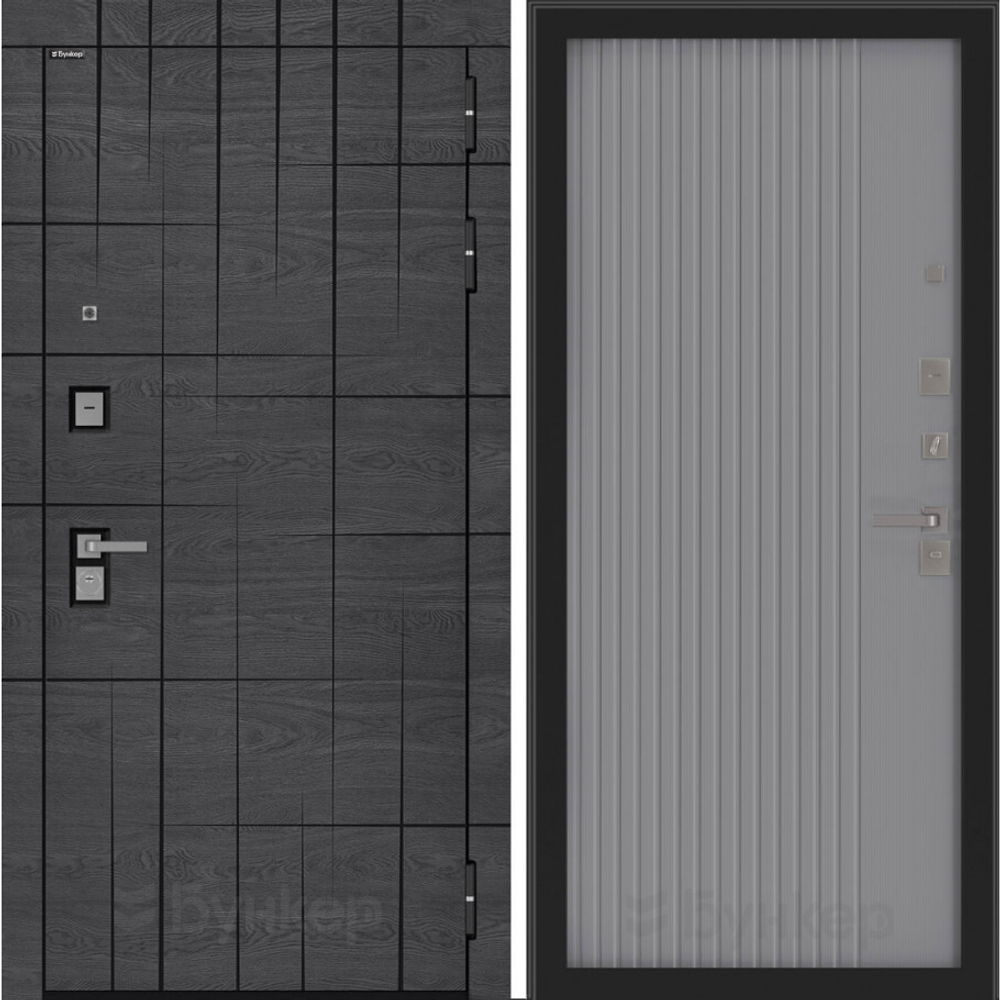 Входная металлическая дверь Бункер BN-09 Дуб майдера горизонт с черной патиной/ Хомс серый софт рельеф