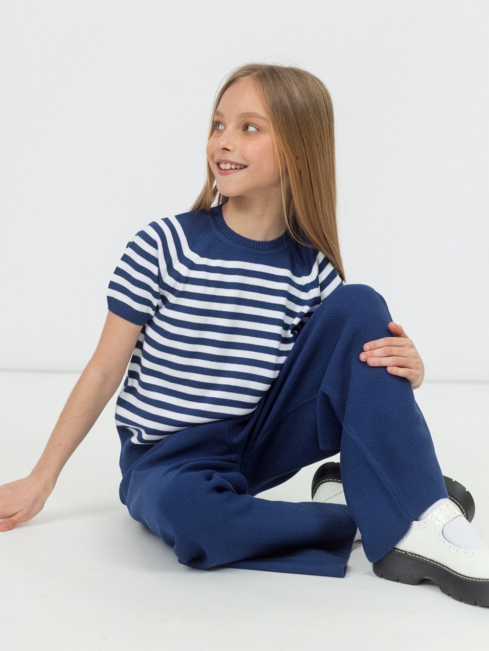 Джемпер для девочки с коротким рукавом AT996 молочный-сапфир