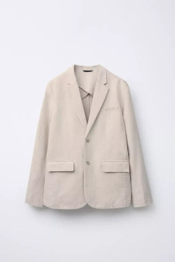 ZARA КОСТЮМНЫЙ ПИДЖАК ИЗ ХЛОПКА И ЛЬНА, СВЕТЛО-БЕЖЕВЫЙ