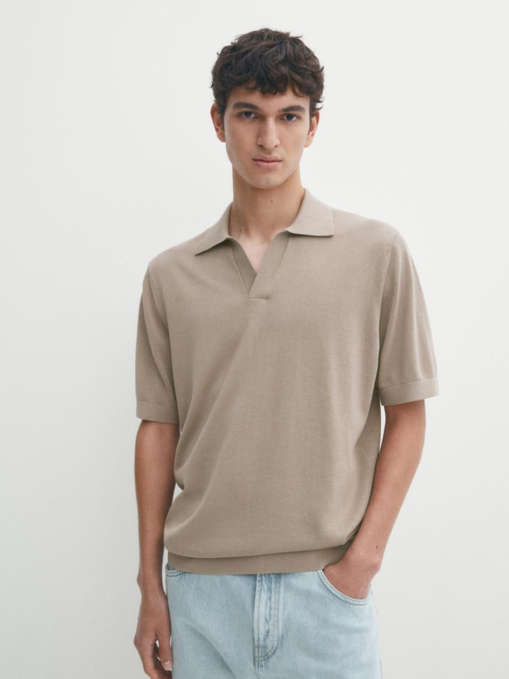 Massimo Dutti Трикотажная футболка-поло с короткими рукавами, песочный