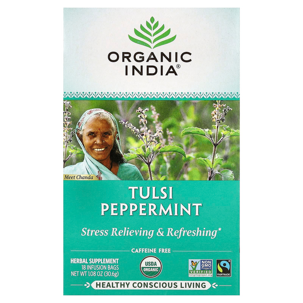 Organic India, чай тулси с перечной мятой, без кофеина, 18 пакетиков для заваривания, 30,6 г (1,08 унции)