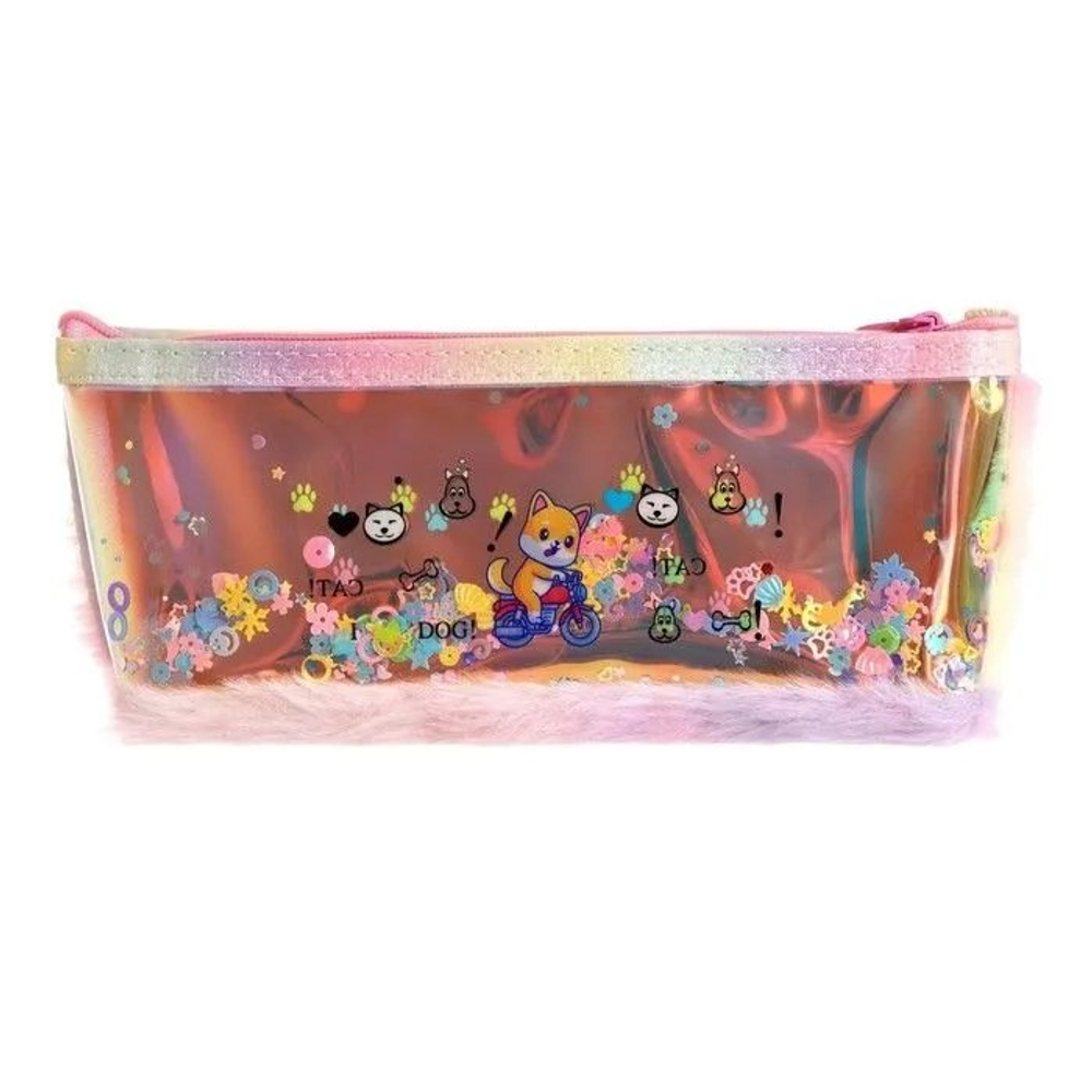 Пенал - косметичка Alingar, мех/голографика, молния, 90х200мм, "Щенки", ассорти (собачки)