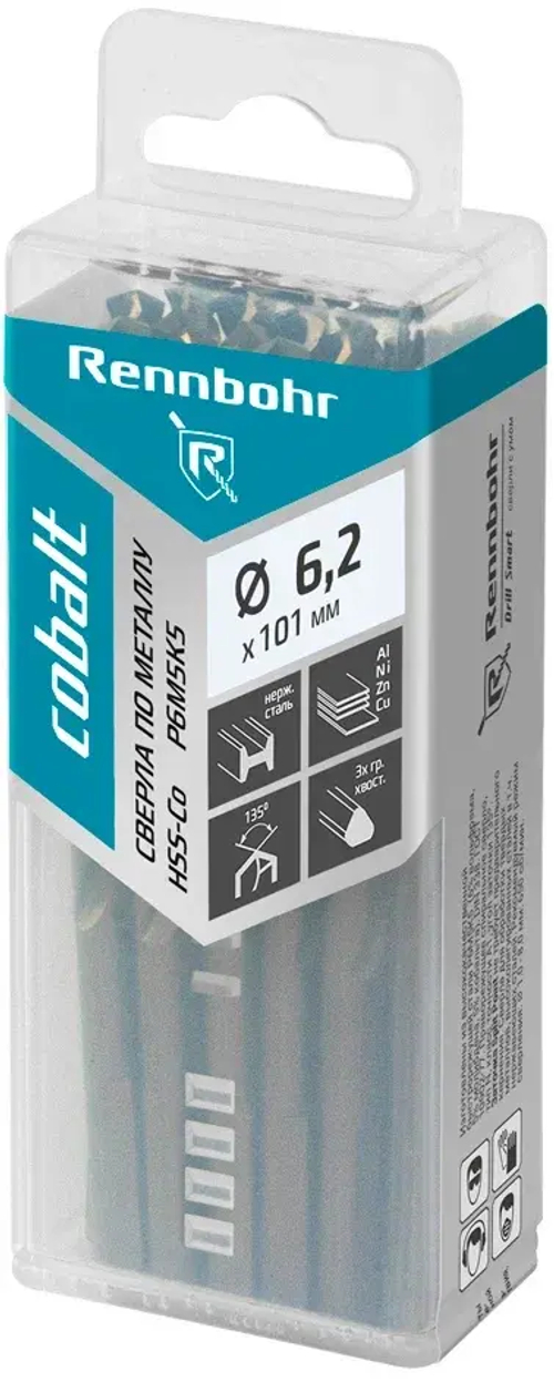 Сверло по металлу, 3х гр. хвост, 6,2х101мм, HSS-Co, Р6М5К5, 20шт/уп RENNBOHR COBALT PROM