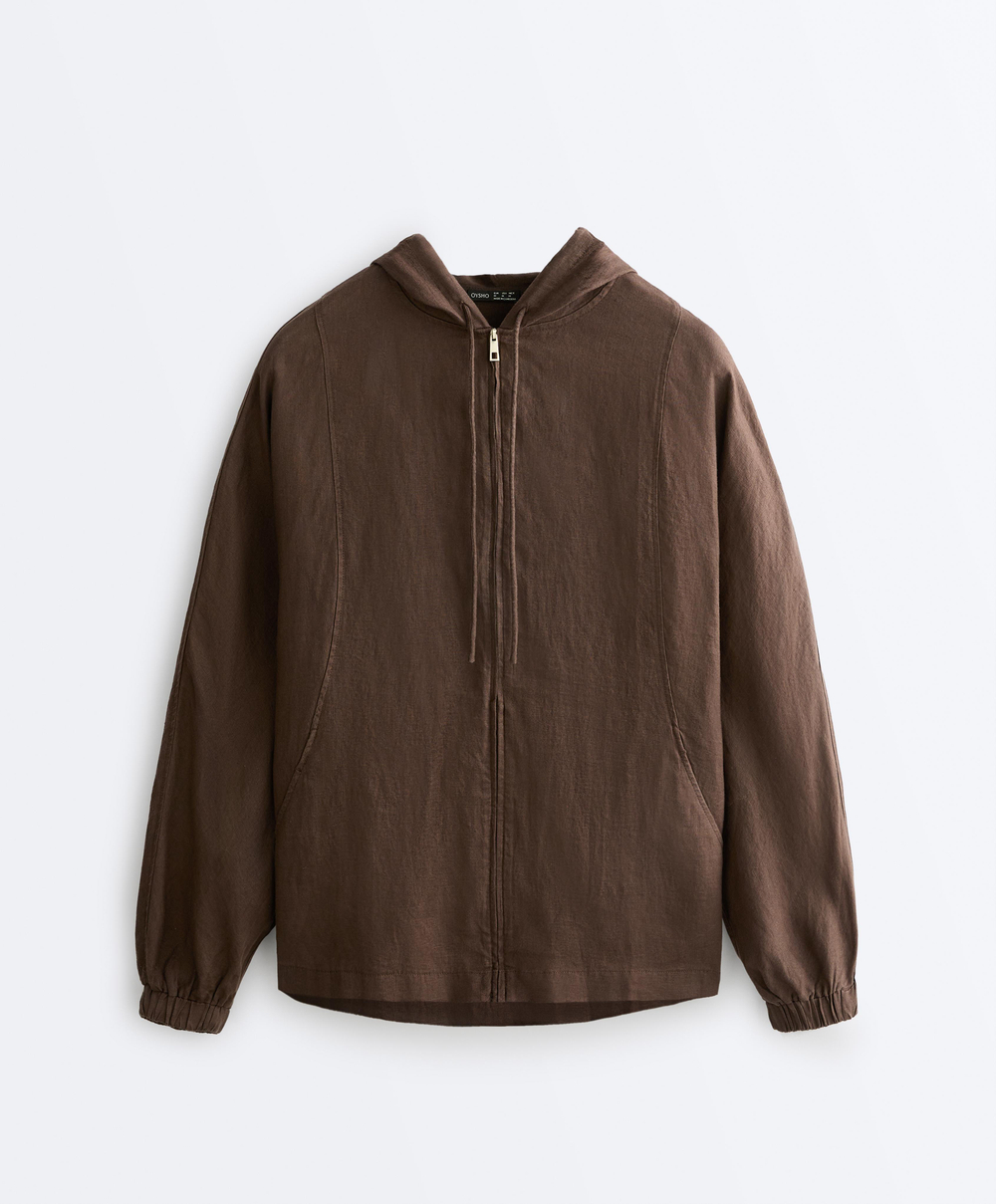 Oysho Куртка с капюшоном в полоску из 100% льна, темно-коричневый