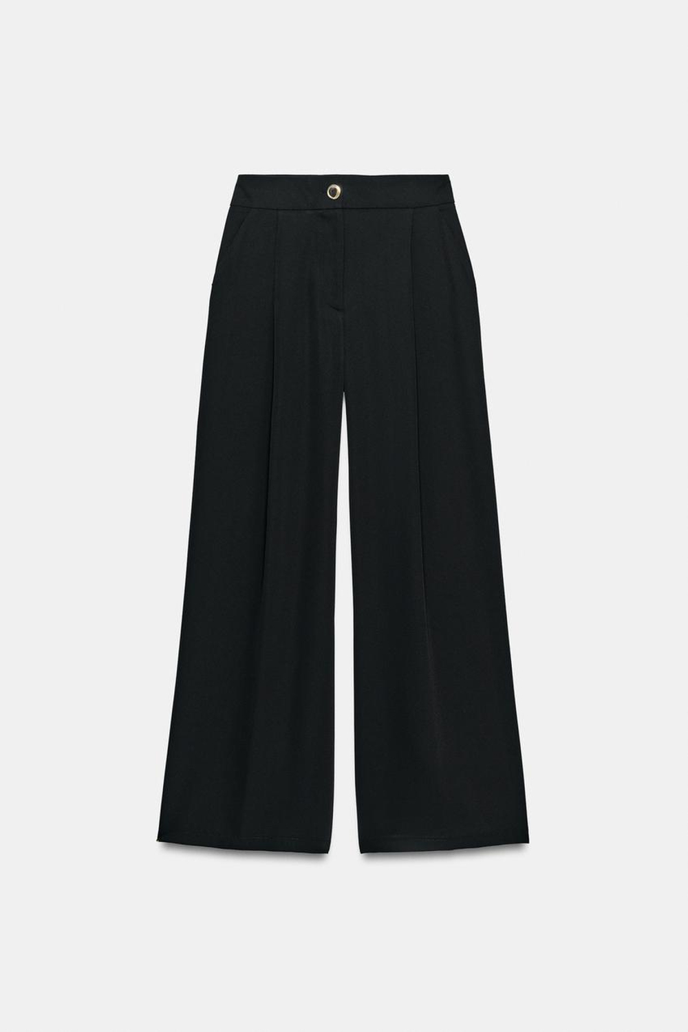 ZARA БРЮКИ ПАЛАЦЦО С ЗОЛОТИСТОЙ ПУГОВИЦЕЙ, ЧЕРНЫЙ