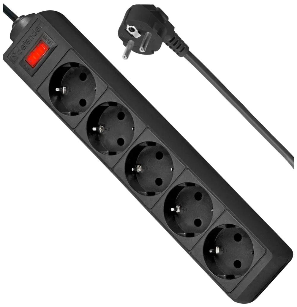 Сетевой фильтр Defender ES5, 3м, 5 розеток, с выключателем, цвет: чёрный