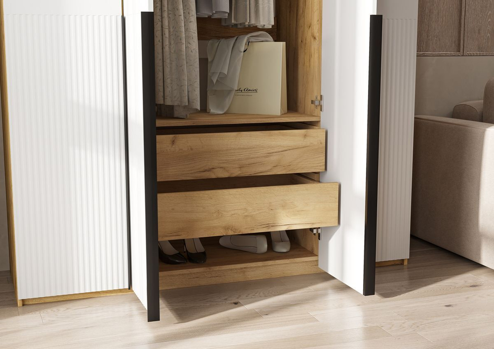 Шкаф для одежды распашной с полками и штангой 3 створки Браш Вайт/Дуб Крафт 120х 51х 240 см