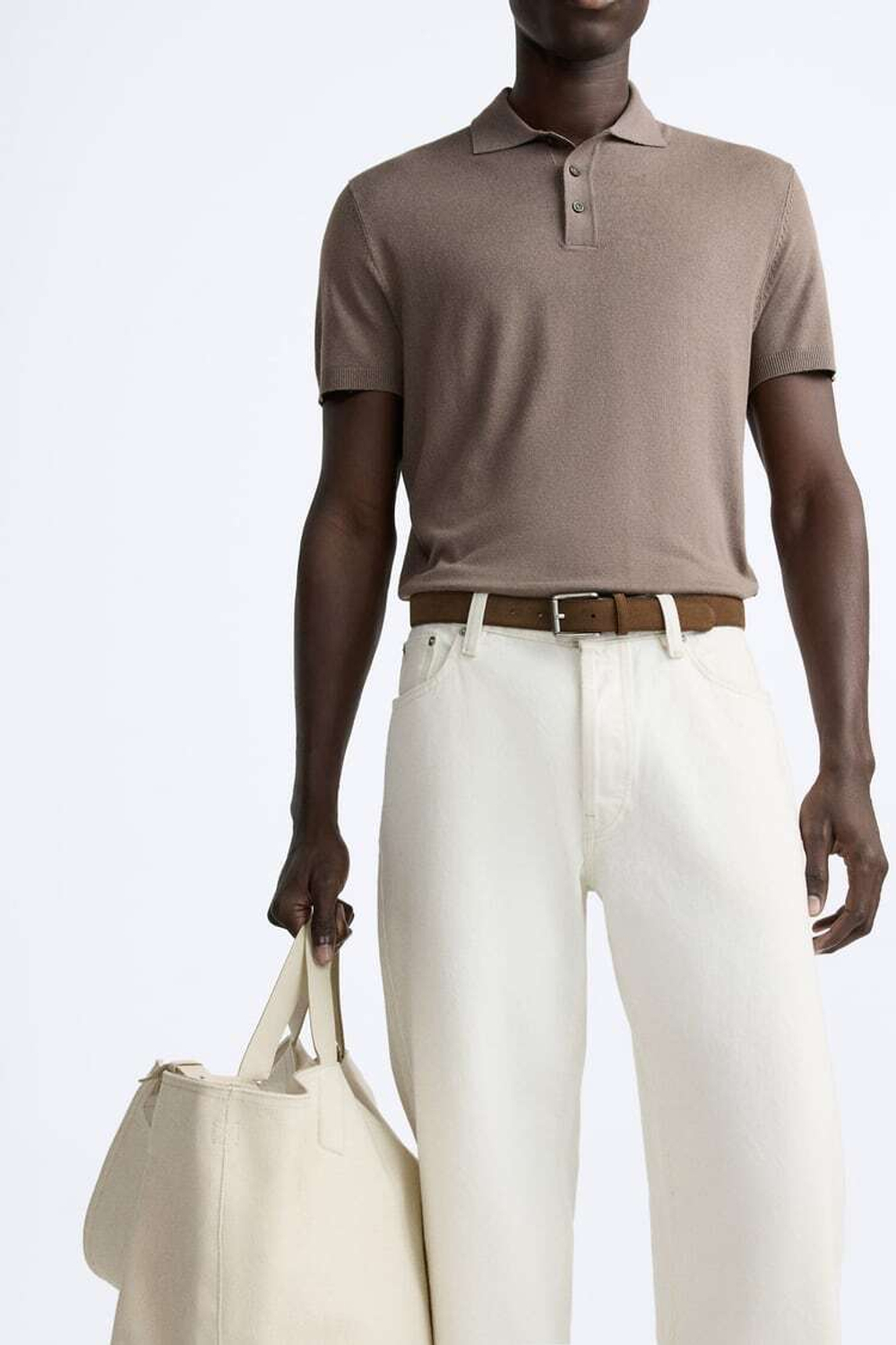 ZARA ПОЛО ИЗ СМЕСОВОЙ ВИСКОЗЫ, СЕРОВАТО-КОРИЧНЕВЫЙ