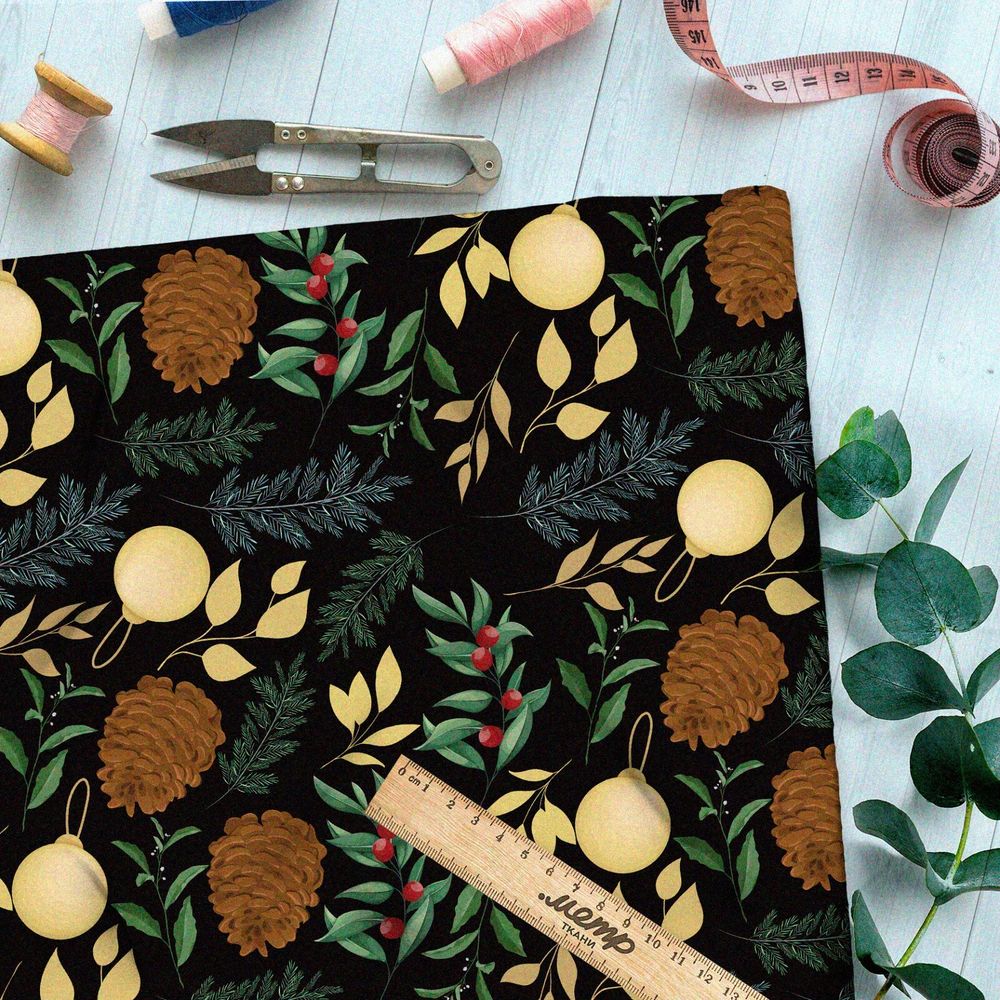 Ткань блэкаут клюква, хвойные ветки, шишки и ёлочные шары