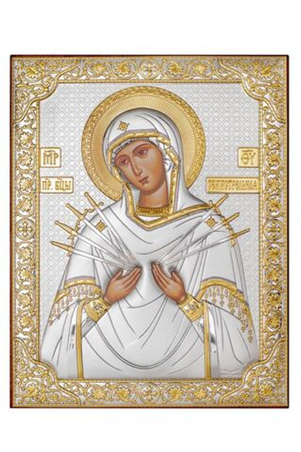 Семистрельная БМ, икона прямоугольная без рамки, белое дерево 175х225