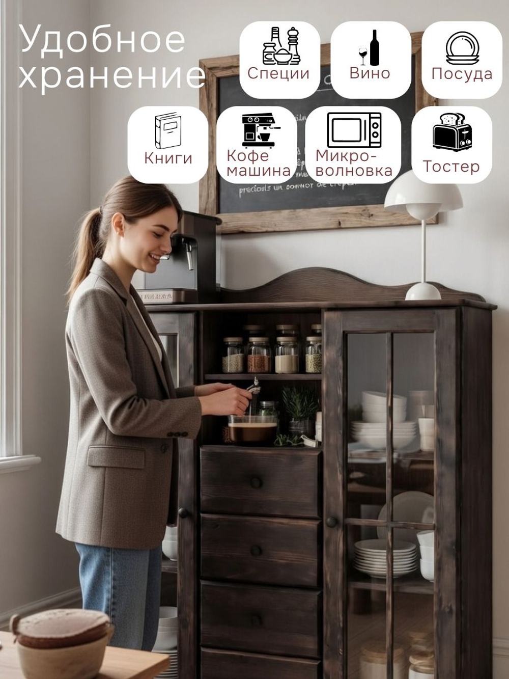 Сервант шкаф 113х32х128, Бритта, деревянный витрина для посуды напольный, в столовую, гостиную, детскую, массив сосны, Dipriz