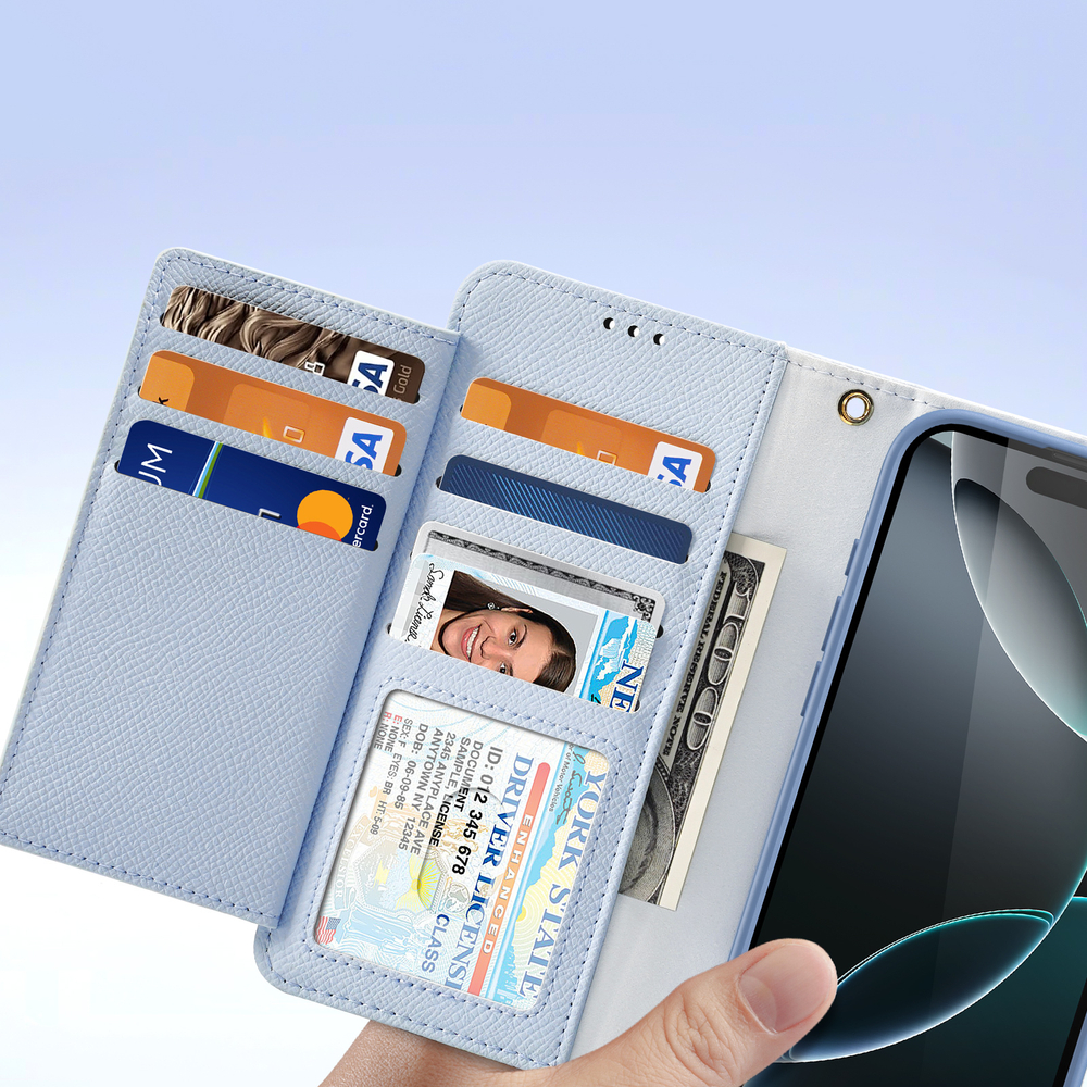 Чехол кошелек из TPU кожи светло-синего цвета (Light Blue) от Dux Ducis для iPhone 16 Pro, серия Lawa Series Case